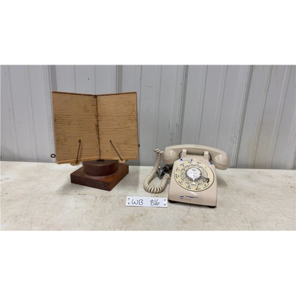 Vintage Rotary Phone & Antique Primitive Book Stand