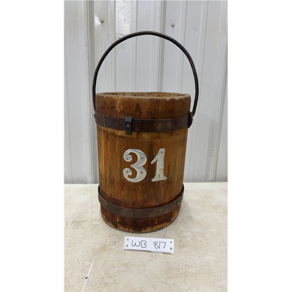 Antique 1900's Wooden Staved Constructed with Wrought Iron Bands/Handle Pail, 10" Wide & 13" Tall