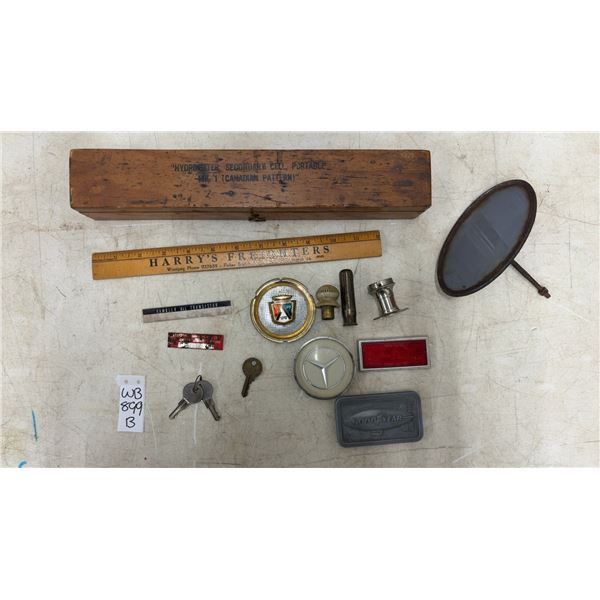 Vintage Automotive Emblems, Ford Thunderbird, Mercedes Benz, Industrial Ruler, Good Year Belt