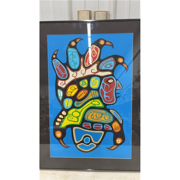 Roy Thomas Ojibwe Indigenous Framed Art, Stylized Colorful Bird on Blue Background, 31 x 21"