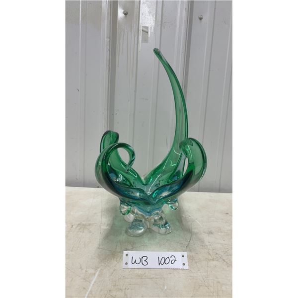 Mid Century Chalet Art Glass Centerpiece Bowl, Stretch Four-Point Style, Vibrant Green