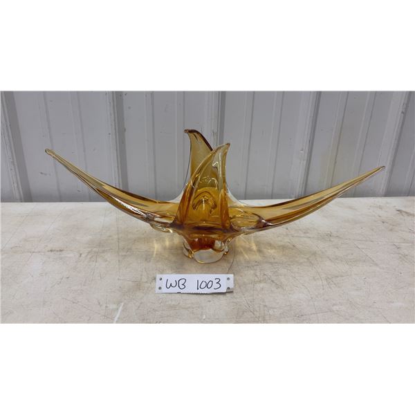 Mid Century Chalet Art Glass Centerpiece Bowl, Stretch 4 Point Style, Amber, 21 x 9 x 8"