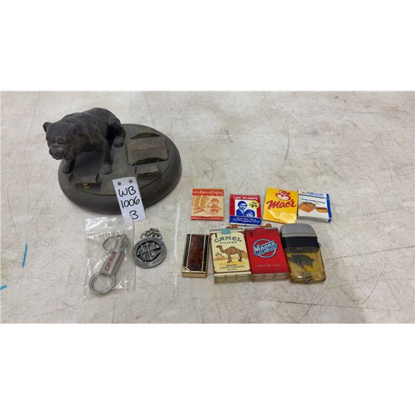 Rare Antique Bronze Bulldog Statue Lighter & Matchbox Tray with 4 Lighters, Camel, Magna