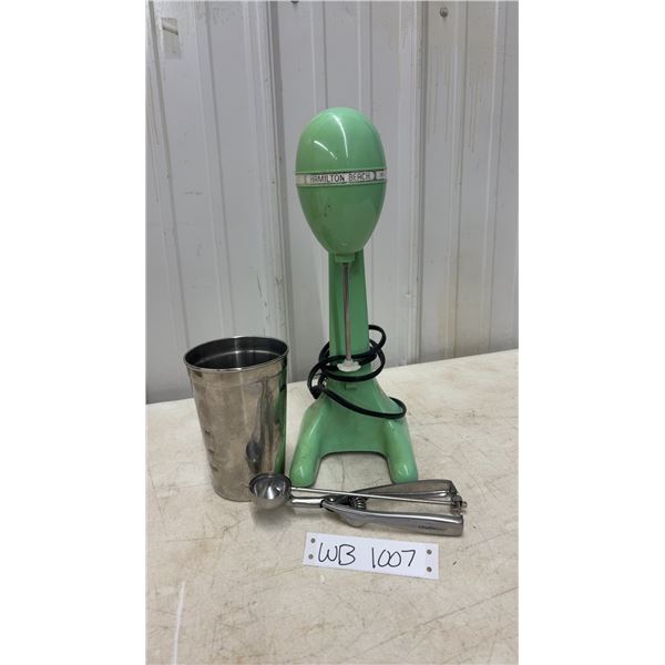 Vintage Ice Cream Scoop and Green Hamilton Beach Electric Mixer with Stainless Steel Cup - Works
