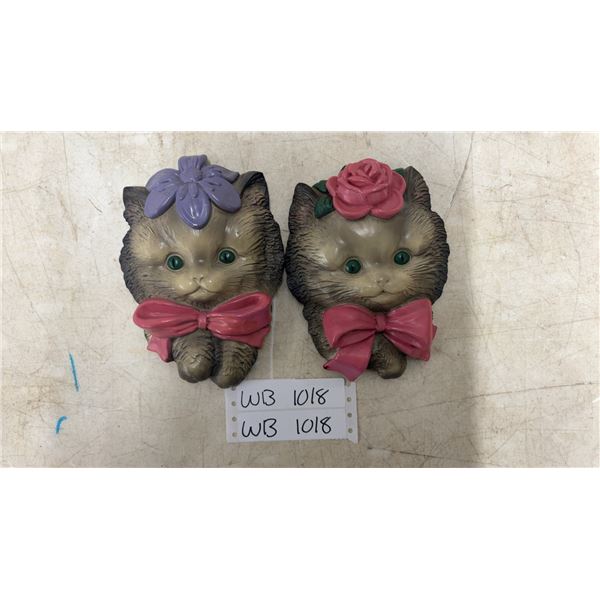 Vintage Pair of Devonware Chalkware Grey Kitten Wall Plaques, 7 x 4 x 2" Each