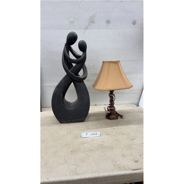 Abstract Intertwined Embracing Figures Sculpture and Bronze-Finished Spiral Table Lamp, 17" Tall