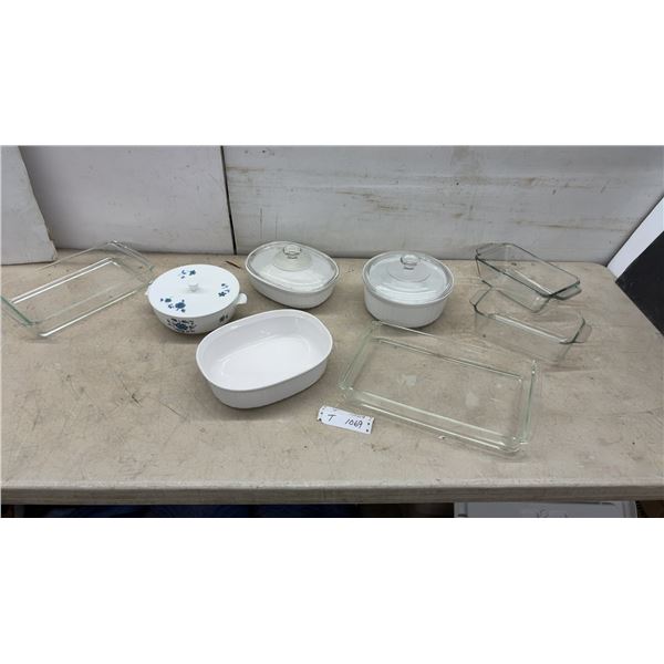 CorningWare French White Casserole Dishes, Blue Floral Casserole, and Pyrex Glass Bakeware