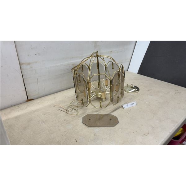 Brass-Tone Semi-Flush Mount Ceiling Light with Smoked Glass Panels, Three-Light