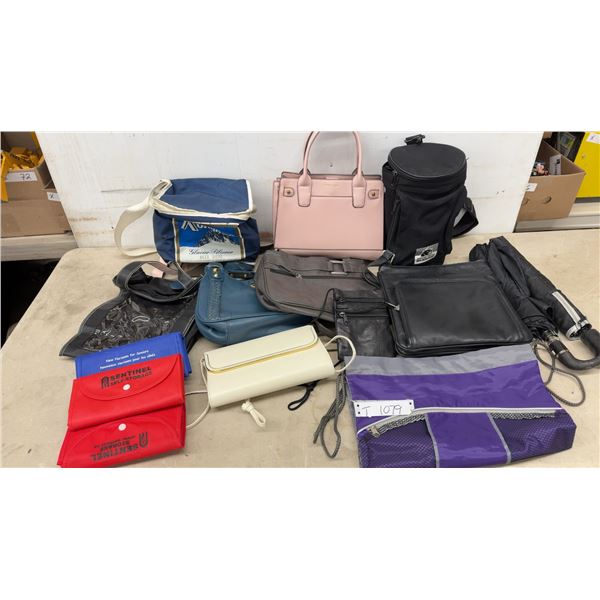 Assorted Bags Including Glacier Pilsener Beer Cooler Bag, Purses, Umbrellas, and More