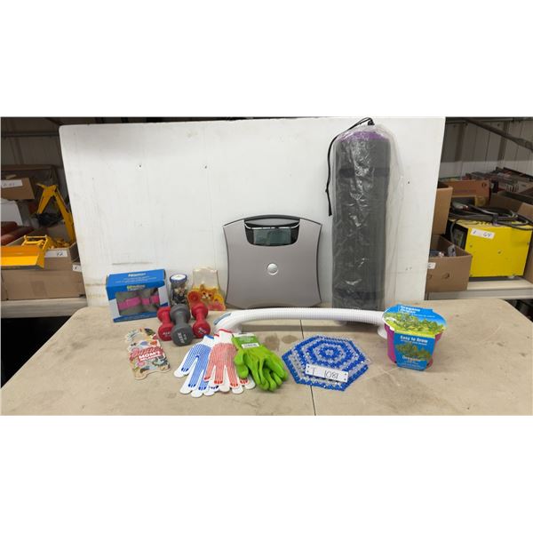 Taylor Digital Bathroom Scale, Yoga Mat, Dumbbells, Gloves, and More