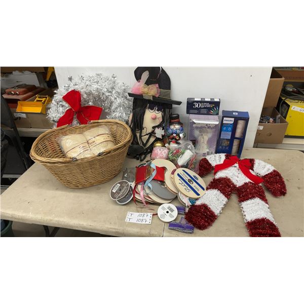 Wicker Basket with Tessan Lux Mohair Yarn, Christmas Wreaths, Ribbons, LED Lights, and More