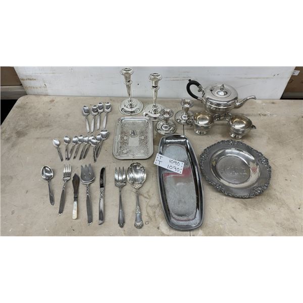 Silver-Plated Tea Set with Candlesticks, Serving Utensils, Trays, and More