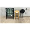 Image 1 : Green Leaf-Pattern Padded Folding Chair, Wooden Stool, and Black Folding Stool