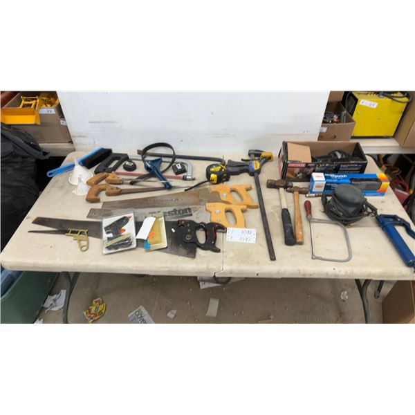 Assorted Hand Saws, Tape Measure, Craftsman Angle Grinder and More