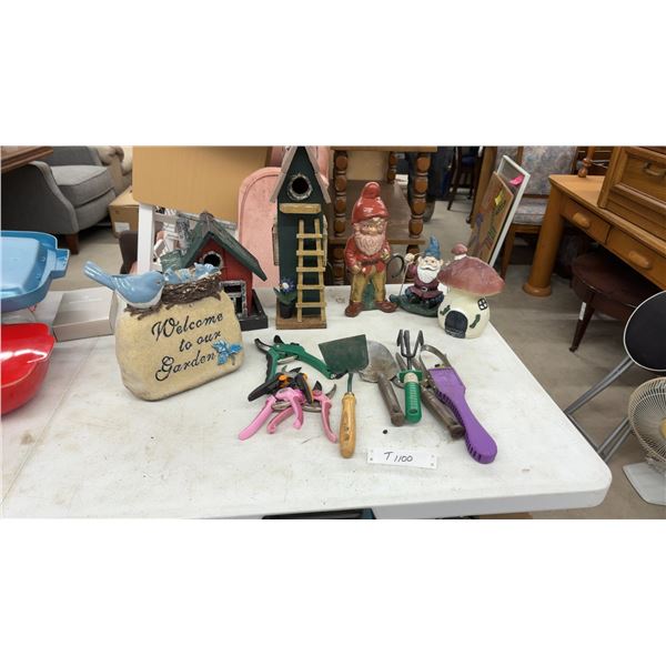 Garden Decor Lot: "Welcome to Our Garden" Stone, Birdhouses, Gnomes, Pruning Shears, and More