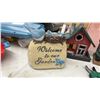 Image 2 : Garden Decor Lot: "Welcome to Our Garden" Stone, Birdhouses, Gnomes, Pruning Shears, and More