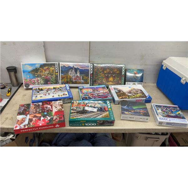 Collection of 1000-Piece Jigsaw Puzzles, Eurographics, Ravensburger, White Mountain, and More.