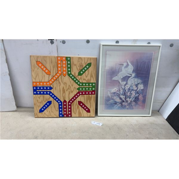 Wooden Aggravation-Style Marble Board Game and Framed Egret Floral Art Print, 28 x 22"