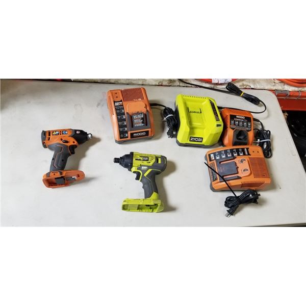 RYOBI DRILL NO BATTERY, BATTERY CHARGERS, AND LEVEL