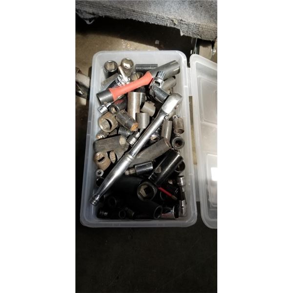 SOCKET WRENCH AND BIN FULL OF SOCKETS