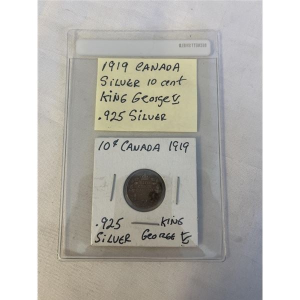 1919 CANADIAN SILVER 10 CENT GEORGE V .925 SILVER
