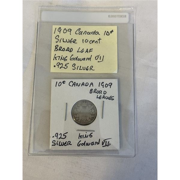 1909 CANADIAN SILVER 10 CENT BROAD LEAF EDWARD VII .925 SILVER