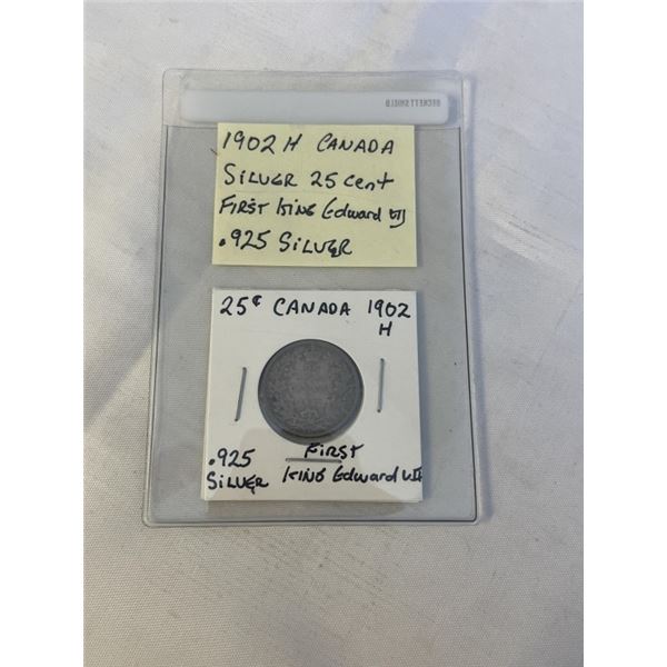 1902 - H CANADIAN SILVER 25 CENT FIRST KING EDWARD VII .925 SILVER
