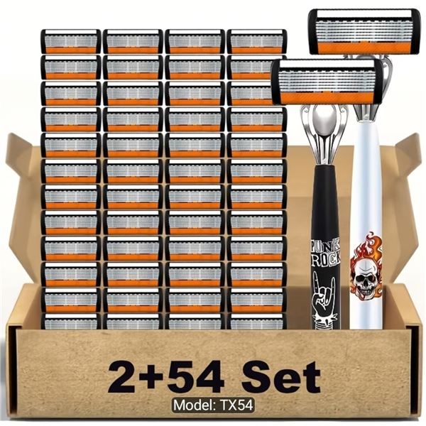NEW 56 PIECE RAZOR SET 2 HANDLES AND 54 REPLACEMENT BLADES