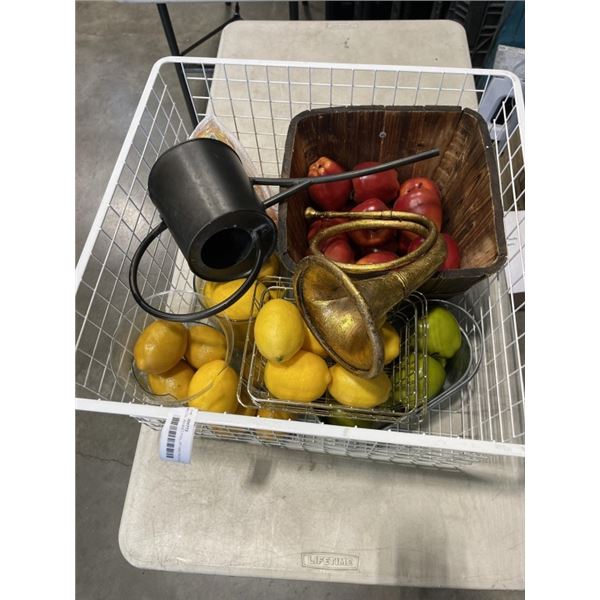 METAL BASKET FULL OF FAKE FRUITS AND DECORATIVE MUSICAL HORN