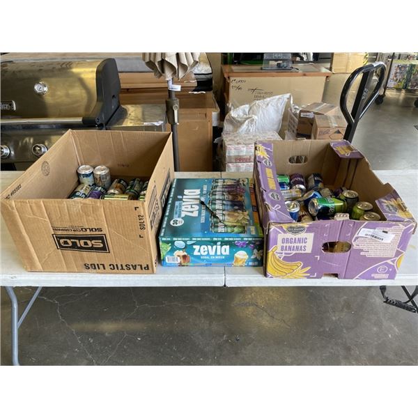 LOT OF ZEVIA FLAVOURED SODAS - FLAT AND 2 BOXES OF LOOSE CANS