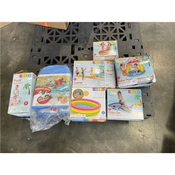 7 ASSORTED INTEX INFLATABLE AND HARD POOLS AND POOL TOYS
