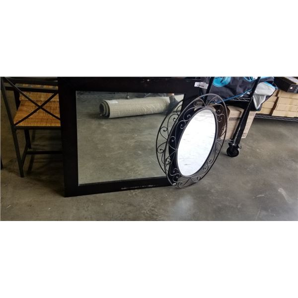 2 WALL MIRRORS. 1 HAS A WOODEN FRAME, 1 HAS A METAL FRAME