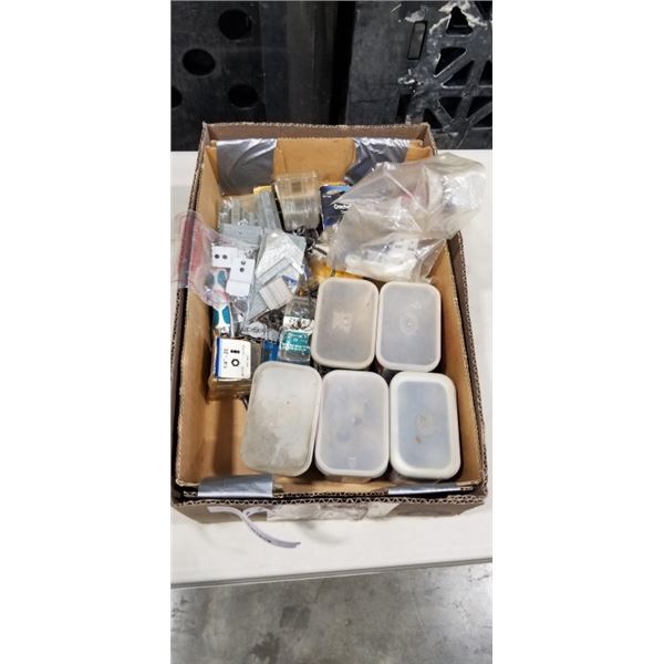 APPROX 30 MASTERCRAFT SCREWDRIVERS AND TRAY OF STAPLES, NUTS, NAILS, SCREWS, CEILING HOOKS ETC