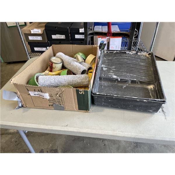 TRAY OF PAINT SUPPLIES INCLUDING ROLLERS, PAINTING TAPE, SCRAPERS, PAINT TRAYS