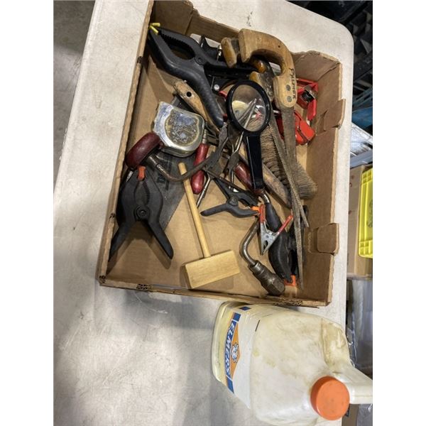 TRAY OF TOOLS INCLUDING 2 HAND SAWS, ELMERS CARPENTER WOOD GLUE, CLAMPS, TAPE MEASURERS