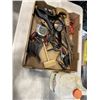 Image 1 : TRAY OF TOOLS INCLUDING 2 HAND SAWS, ELMERS CARPENTER WOOD GLUE, CLAMPS, TAPE MEASURERS