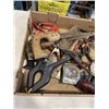 Image 2 : TRAY OF TOOLS INCLUDING 2 HAND SAWS, ELMERS CARPENTER WOOD GLUE, CLAMPS, TAPE MEASURERS