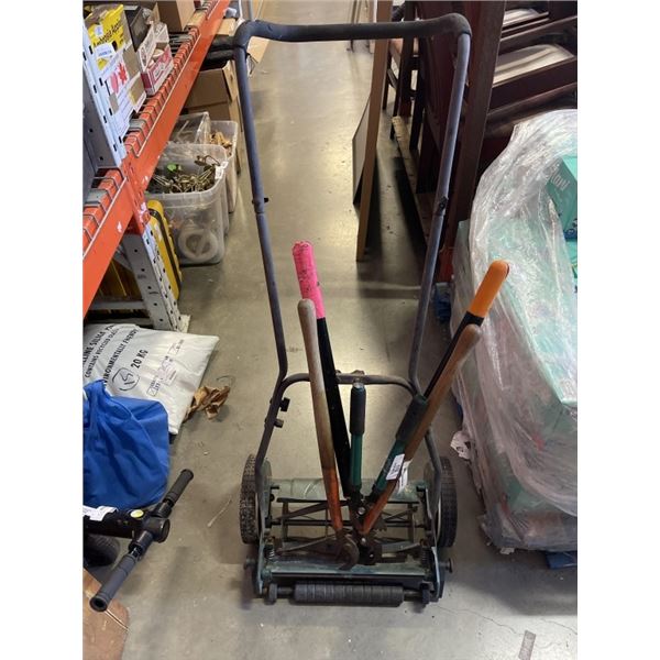 REEL LAWN MOWER AND 3 GARDENING PRUNES