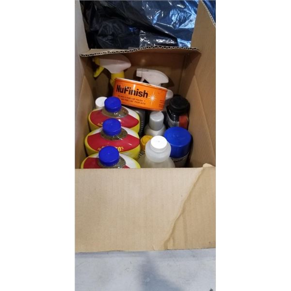 BOX OF CLEANING SUPPLIES AND REFILLS, SOME NEW