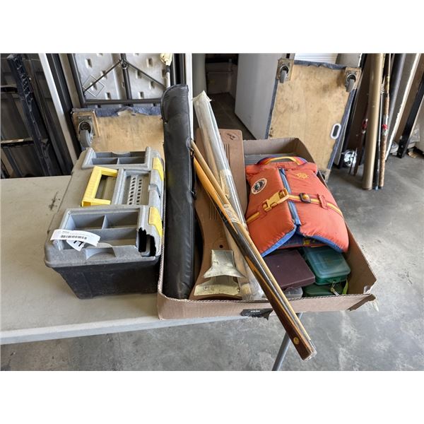 TRAY OF POOL CUES, BAIT BOXES, BALL GRABBER, ETC