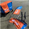 Image 1 : 2 WALMART SKIP THE DISH SWOOPER FLAGS WITH GROUND HOLDER SPIKE AND STAND WITH TABLE COVER