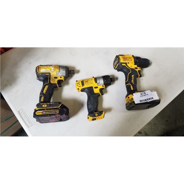 2 20V DEWALT DRILLS - ALL WORKING W/ BATTERIES AND DEWALT 12V DRILL NO BATTERY