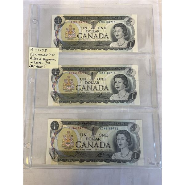 3 - 1973 CANADIAN $1 BILLS IN SEQUENCE