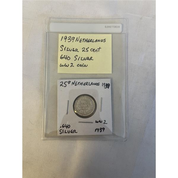 1939 NETHERLANDS SILVER (640) WWII COIN
