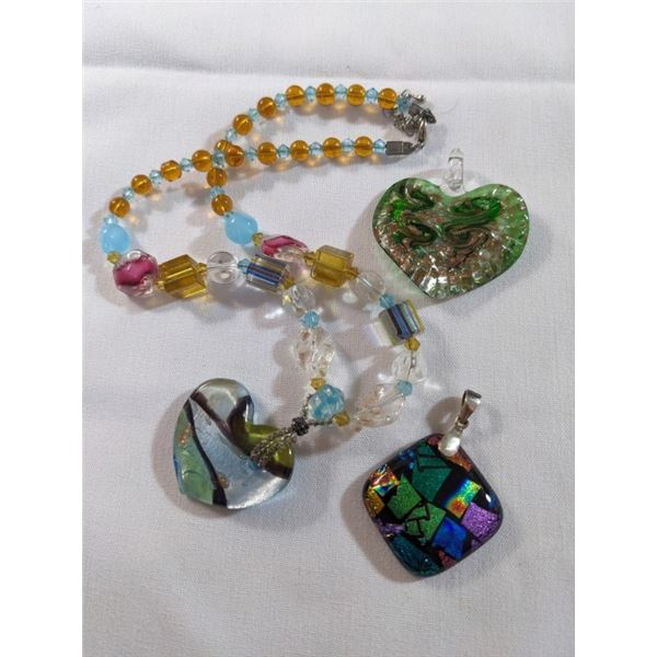 ART GLASS NECKLACE AND 2 PENDANTS