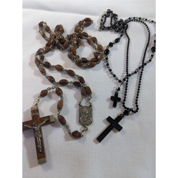 VINTAGE WOOD BEADS ROSARY MARKED FRANCE AND BLACK BEADS CROSSES NECKLACE