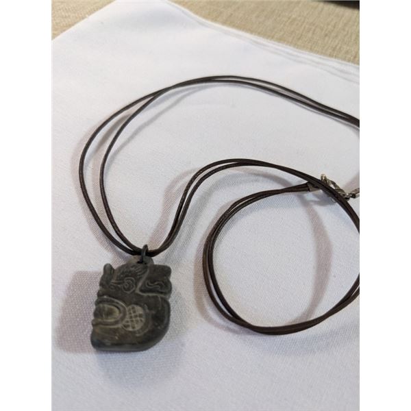 HAND CARVED MAYAN PENDANT W/ CORD NECKLACE, HAND SIGNED ZOTZ APRIL