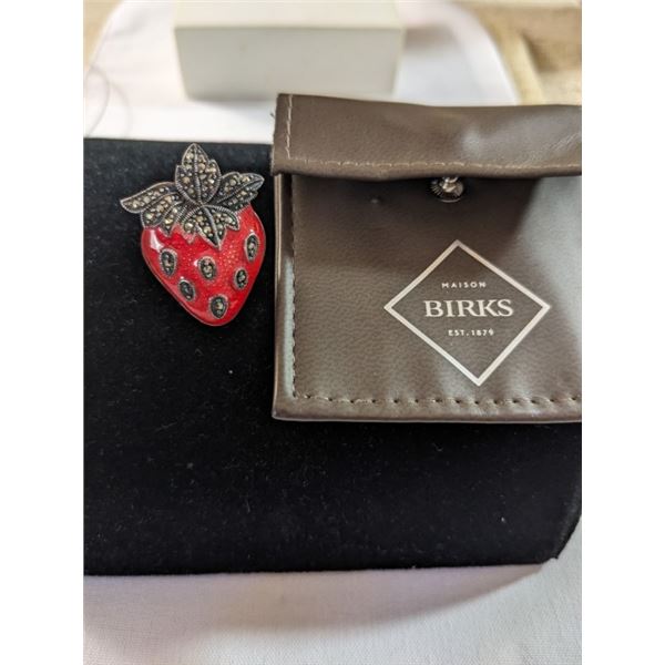 ANTIQUE 925 STERLING SILVER W/ ENAMEL AND MAKASITE STONES BROOCH IN BIRKS POUCH, MARKED 925 ENGLAND