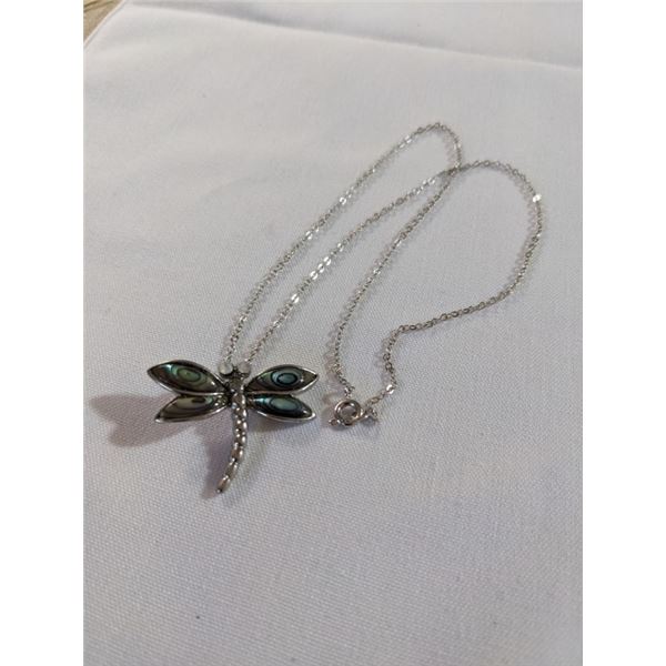 SILVER TONE W/ ABELONE DRAGON FLY PENDANT NECKLACE