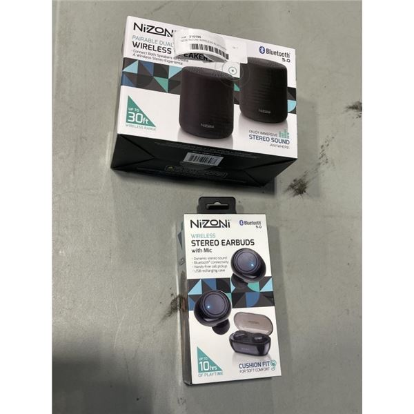 NEW NIZONI WIRELESS BLUETOOTH SPEAKER SET, AND NEW NIZONI WIRELESS BLUETOOTH STEREO EARBUDS WITH MIC